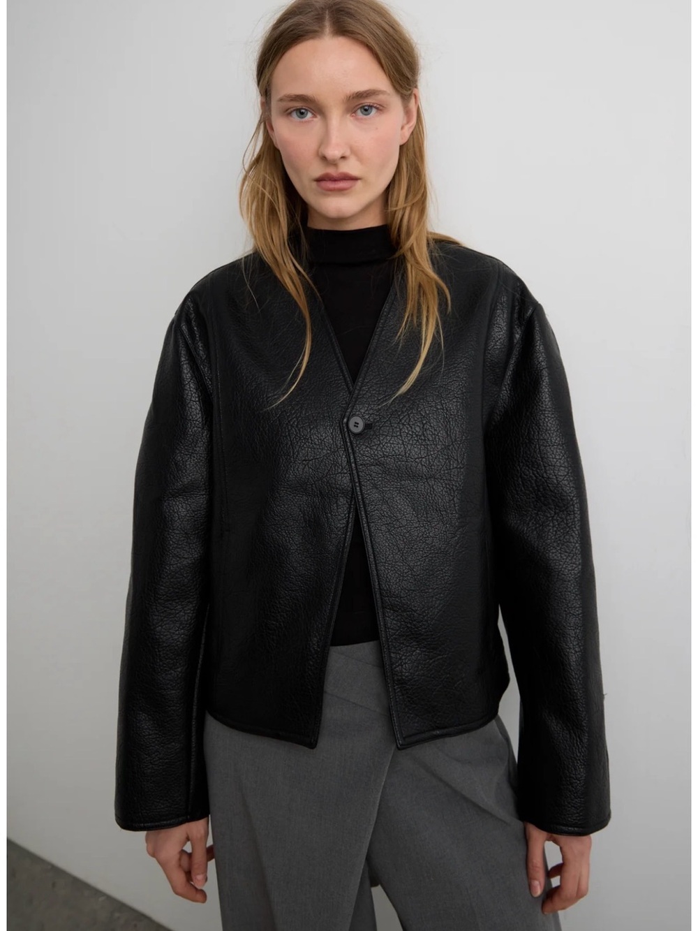 OAK + FORT Black collarless vegan jacket